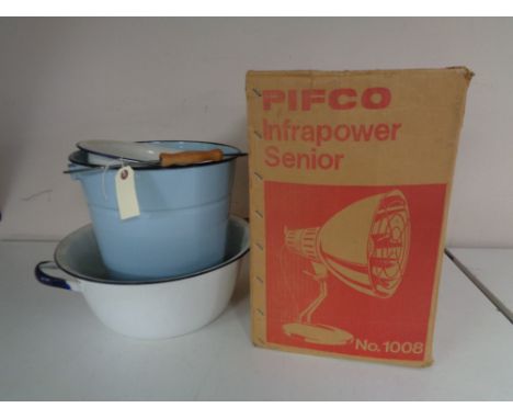 Four pieces of enamelled ware together with a boxed Pifco infrared lamp 