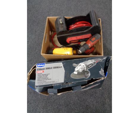 A box of 230mm angle grinder, Hilti drill, Dewalt heat gun, air hose on reel 