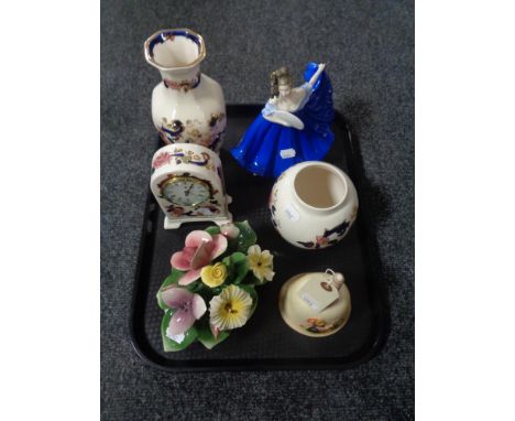 A tray of Masons Mandalay mantle clock, vase and ginger jar, Goebel 1981 bell, Royal Doulton figure Elaine HN 2791 and a Capo