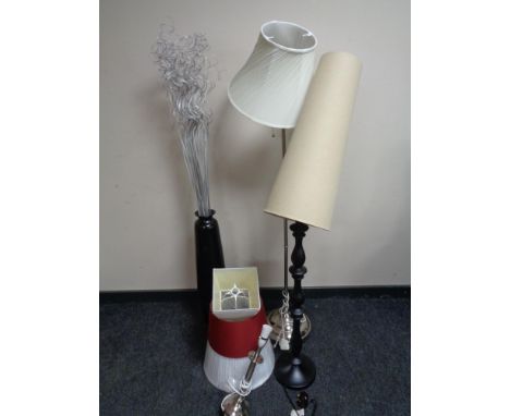 Two contemporary floor lamps with shades, table lamp with shade and a floor standing vase 