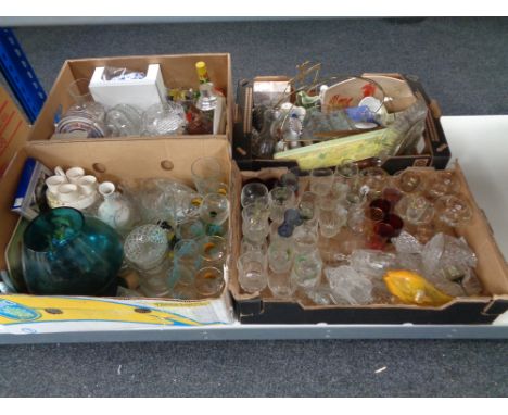 Four boxes of assorted glass ware, Ringtons china, brass balance scales 