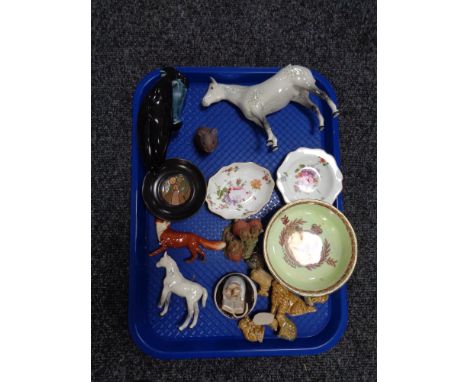 A tray of Wade whimsies, Beswick Kitty Mcbride figure, further Beswick figures (a/f), Poole dolphin, Maling coronation bowl e