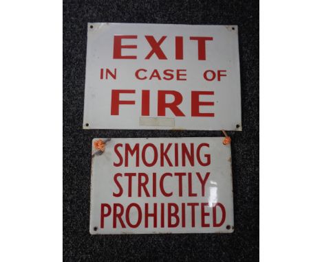 Two enamel signs - Exit in case of Fire and Smoking prohibited 