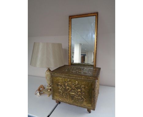 A brass embossed coal box with liner together with a gilt hall mirror and an onyx table lamp with shade 