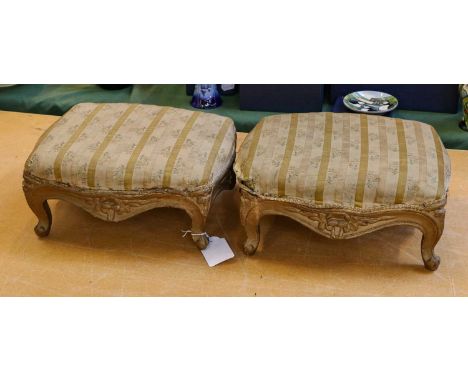 A Victorian rosewood veneered tapestry seat stool with X supports together with a pair of gilt-framed footstools (3)