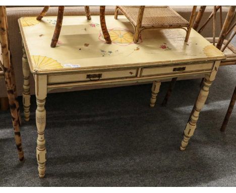 ~ A 19th century two drawer hall table, later decorated on turned legs, 98cm by 55cm by 70cm; together with a Victorian bobbi