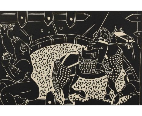 After Pablo Picasso (1881-1973)Theseus and the MinotaurIndistinctly signed, woodblock print, 45cm by 64.5cm
