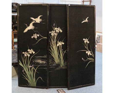 An Oriental inspired ebonised four-fold screen, together with a Chinese bracket wall shelf, 56cm wide