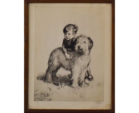 J.H. Dowd (1884-1956)A study of a child with an Old English sheep dogSigned, etching, together with a further etching of gun 