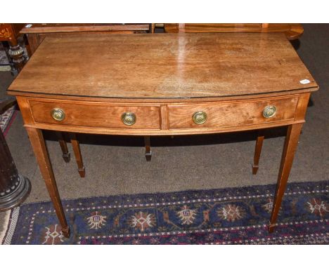 A reproduction mahogany sofa table, a bow fronted side table with two drawers, a dressing table, and a pair of stools (5)