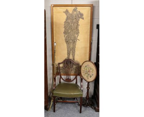 A Hepplewhite style armchair with green leather seat, a brass adjustable standard lamp, a pole screen converted to electricit