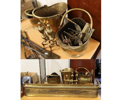 A quantity of brass fire furniture, comprising a curb, fire dogs, various irons, a screen, three coal buckets, trivets etc, w