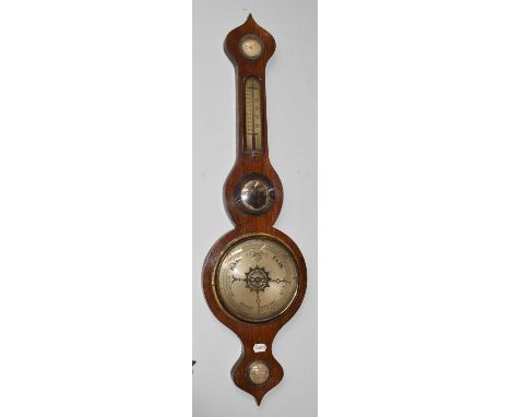 An early 19th century rosewood wheel barometer, signed Harrison, Hexham, the circular engraved silvered dial below a thermome