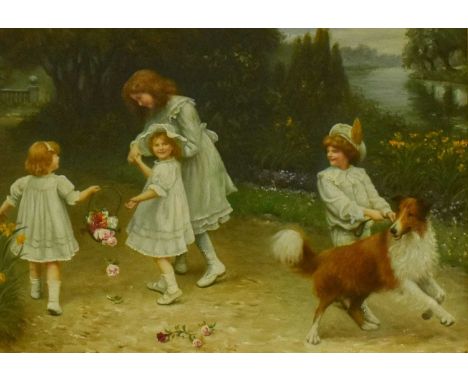 A decorative modern oleograph of children playing with a dog, 29cm by 39cm