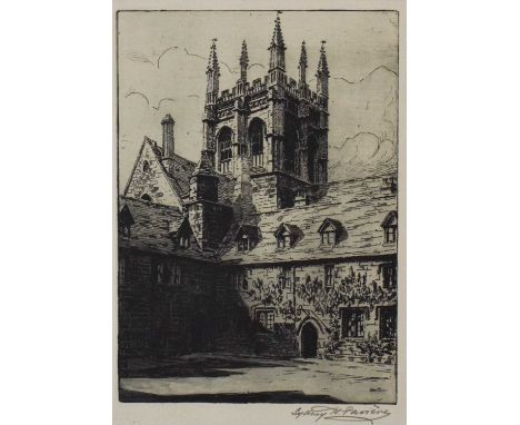 A collection of etchings depicting buildings, cathedrals, and landscapes, including: E. Sharland, singed limited edition depc
