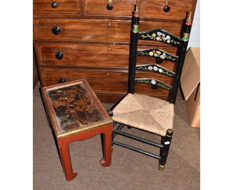 An early 20th century chinoiserie square form table, 70cm by 76cm, together with a black and red chinoiserie small table/stoo