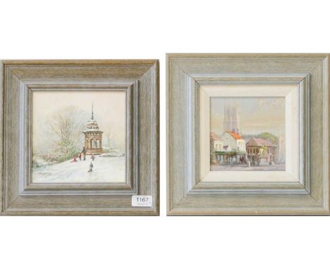 Tony Dennison (b.1937)Children sledgingSigned, oil on board, 17cm by 17cm; together with two further oils and a print by the 
