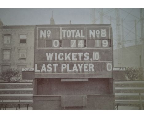CRICKET, original sepia photo, showing scoreboard after famous Surrey v Lancashire tied match at Hastings Cricket Festival, S