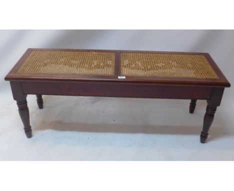 Early 20th century mahogany and caned seat bench, H.45cm, L.120cm