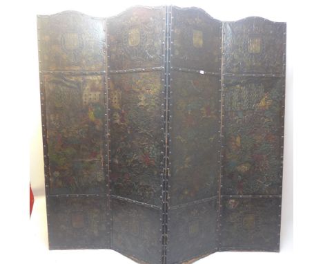 A 19th Century continental leather four fold screen decorated with hunting scenes