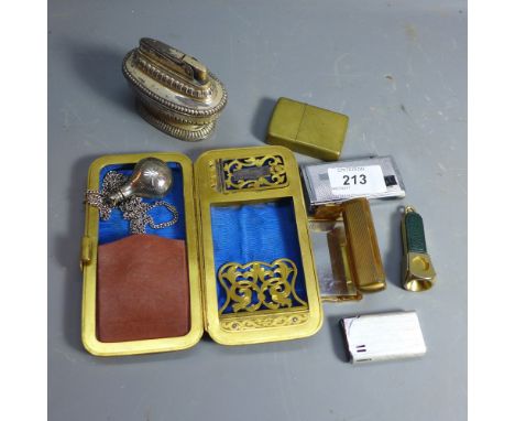 A collection of lighters, Ronson and Zippo, a leather clad cigarette case, and others