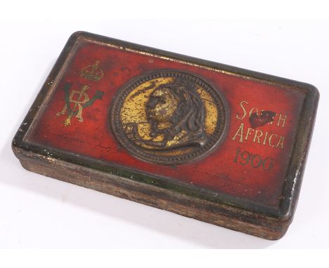 Boer War Queen Victoria chocolate tin, rectangular gold-painted metal tin with hinged lid which is painted red, gold and blue