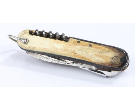 19th Century horn handled multi bladed pocket knife, with various steel blades and tools