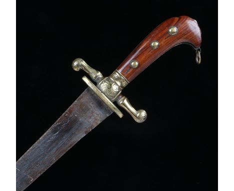 German hunting sword with curved steel blade, brass cross guard with polished wooden grips, suspension ring for lanyard/sword