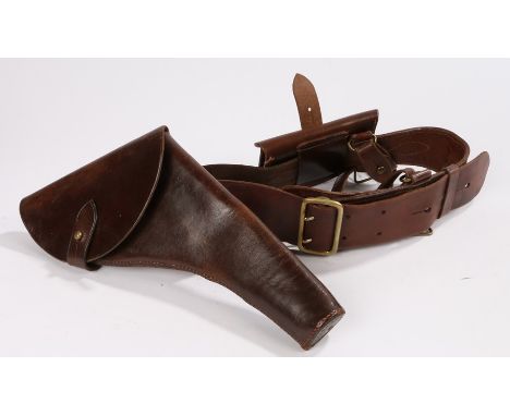 First World War British officers Sam Browne belt and cross belt with a 1908 pattern leather revolver holster and leather revo