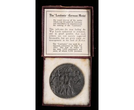 World War One British propaganda medal commemorating the sinking of the Cunard Line ship R.M.S Lusitania , housed in original