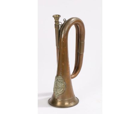 Military style bugle in copper and brass , white metal badge to the Argyll and Sutherland Highlanders affixed to the bell