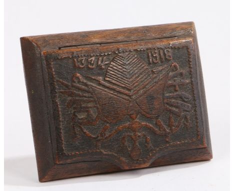 First World War trench art wooden box, an interesting item, the box, possibly teak, has the lid carved with a stand of arms a