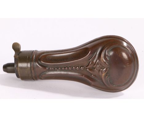 19th Century copper pistol powder flask, scroll and bead design with a brass fitting and nozzle, 11.5cm long