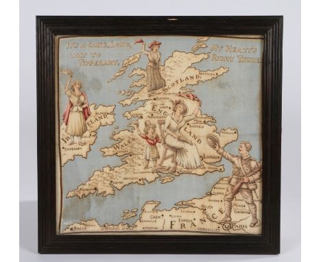 First World War propaganda map handkerchief. It's a Long, Long way to Tipperary - My Heart's right there, circa 1915, colour 