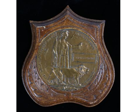 First World War Memorial Plaque, (THOMAS LYONS) mounted onto a presentation shield 