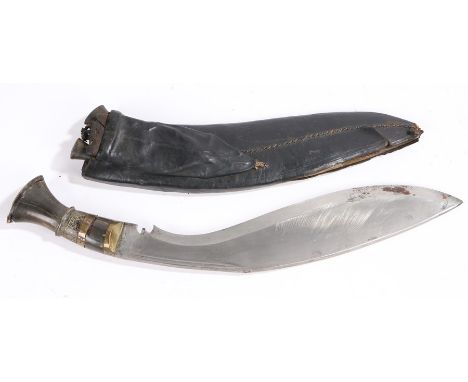 20th Century Kukri, fullered blade, wooden handle with brass handle ring and butt cap, leather bound wooden scabbard with two