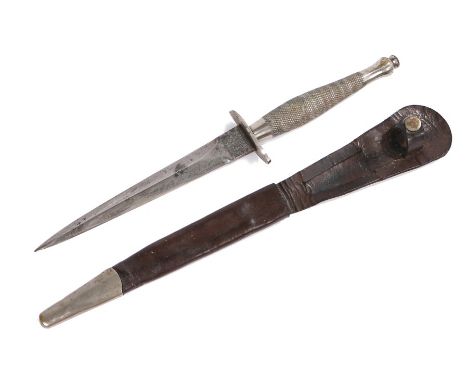 World War Two first pattern Fairbairn-Sykes fighting knife, nickel plated with 'S' shaped guard and checkered handle, 'Wilkin