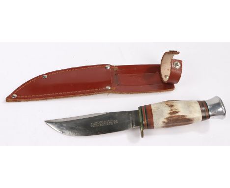 Nowill Knife, by J Nowill &amp; Sons, Sheffield, the steel blade above the guard and bands of wood grip and central stag antl