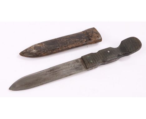 Joseph Rogers Hunting knife, with a signed steel blade and chequer handle with curved end, with leather scabbard, 21cm long