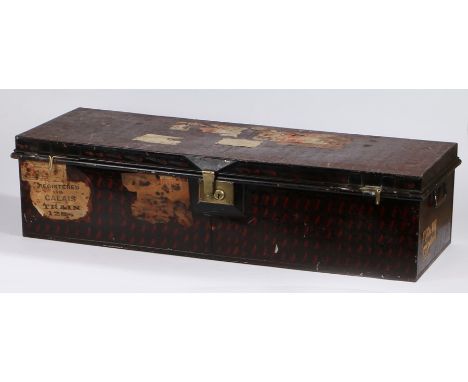 Victorian/Edwardian officers tin trunk, designed for the transportation and storage of uniforms, the trunk retains much of it