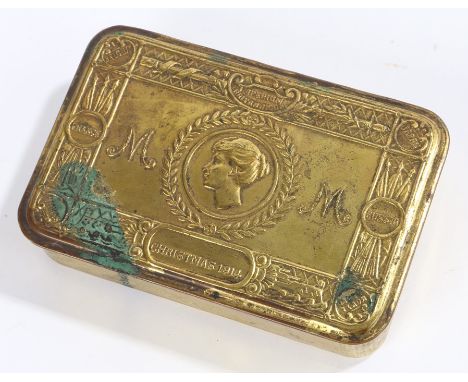 Princess Mary's Gift Fund 1914 box, brass box with hinged lid which is decorated with embossed detail,  in the center Princes