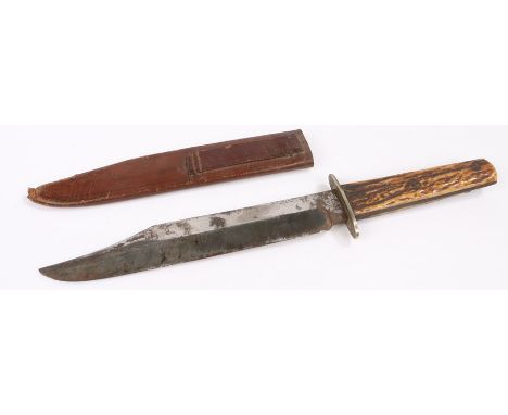 First World War Bowie knife, the leather scabbard bearing the name W. Parkyn Sergt. 199-10F BDE 1917, with a steel blade and 