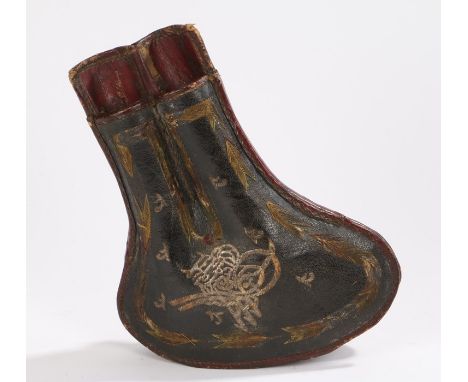 Late 18th Century Turkish pistol holster, with a leather body, strung script and arrow border, 29cm high