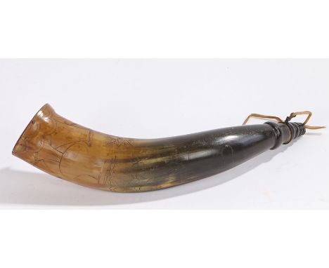 19th Century Masonic powder horn, with a Crown above 33 I AD, a flowering urn below with Masonic symbols surround, 36cm long