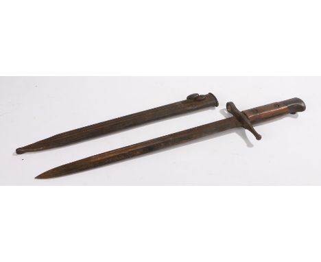 World War Two Italian 1891 pattern Carcano knife bayonet, marked to the cross guard 'Rocca 1942', held in a steel scabbard