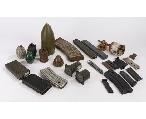 First/Second World War Metal 2 pdr ammunition box containing,  long arm magazines including, 9mm Sten gun, .556 AR15, .556 Ru