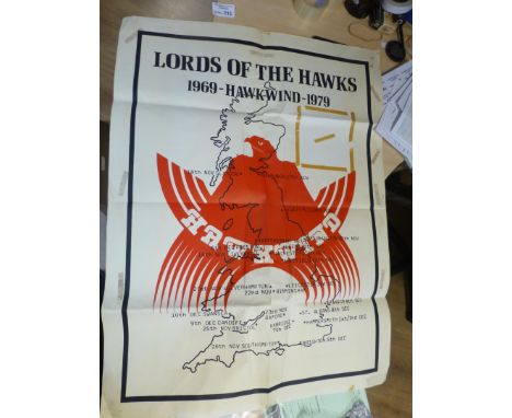 Records : Hawkwind - Lord of the Hawks 1979 Tour Poster - 10th Anniv 1969 - 79 - map design with dates red/black - some tape 