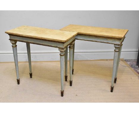 A pair of Continental painted console tables, on turned column legs, width 91cm, depth 41cm, height 86cm.
