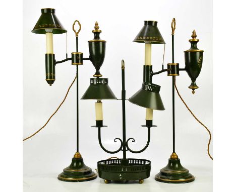 A pair of green and gilt Empire style student's type reading lights and a similar smaller example (3).Condition Report: The s