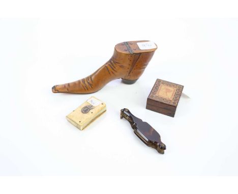 A 19th century treen boot snuff box, together with a 19th century treen stamp box, a pair of lorgnettes and a bone vesta case